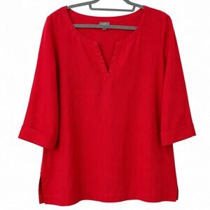 J Jill Womens Large Tunic Top Red 3/4 Sleeve 100% Linen Lagenlook Relaxed Fit